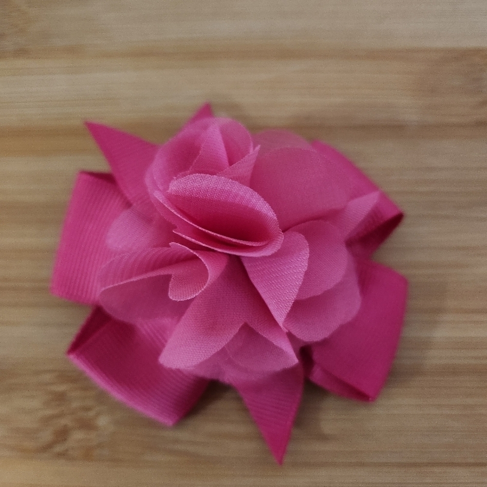 Hand Crafted Hair Bow Deep Pink Floral Hair Clip Grograin Ribbon